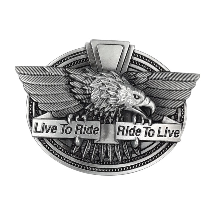 کمربند فلزی طرح عقاب شکاری مدل Live To Ride, Ride To Live رنگ نقره‌ای عتیقه‌نما