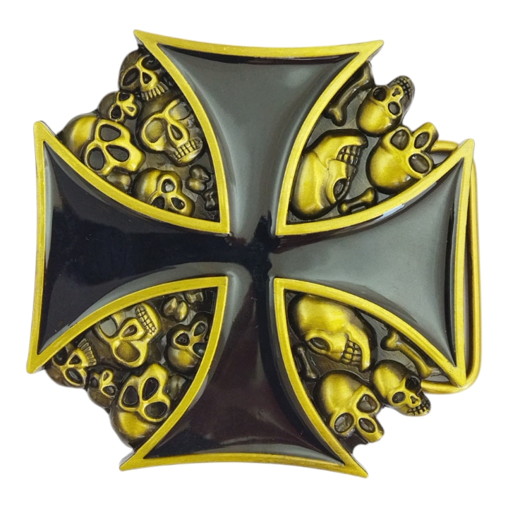 سگک کمربند طرح صلیب مالتی و جمجمه (Iron Cross & Skulls Belt Buckle – Gothic Style)